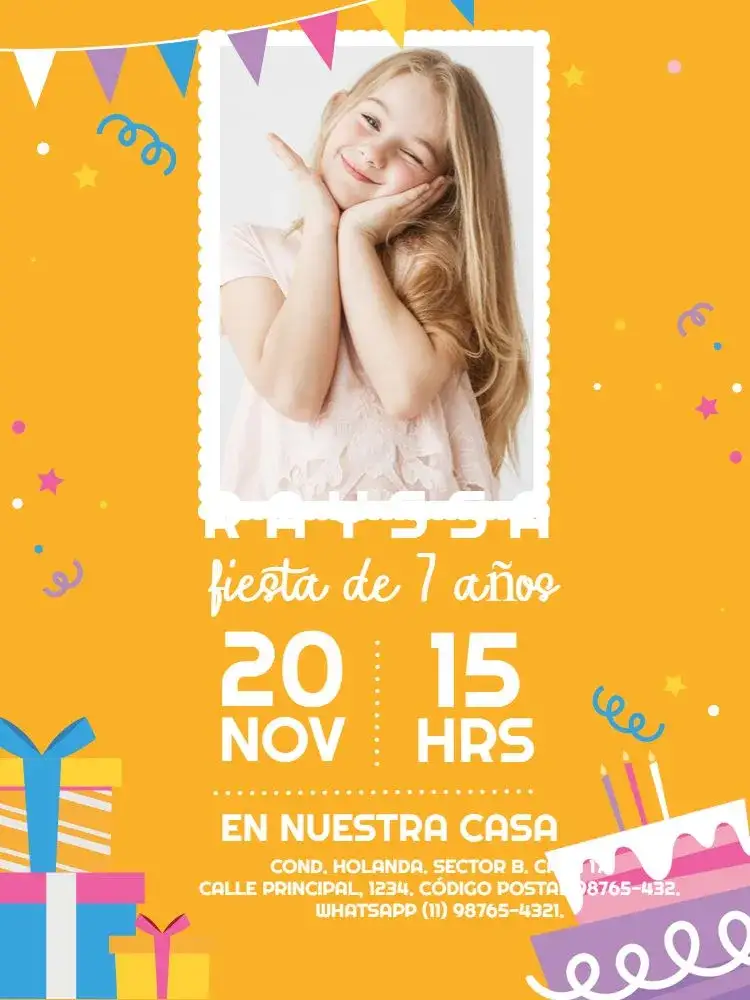 Invitación 7 Años Con Foto Claro – tema Cumpleaños Infantil colorido, lúdico, moderno, divertido, infantil