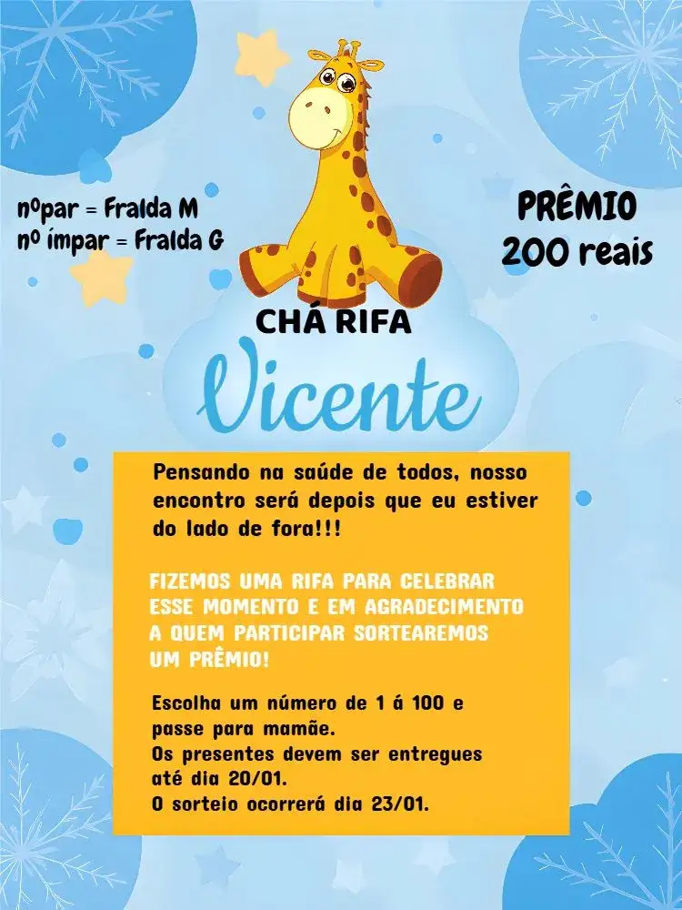 Invitación Chá Rifa Girafinha Estrelas – tema Té Rifa infantil, colorido, lúdico, moderno, divertido, temático