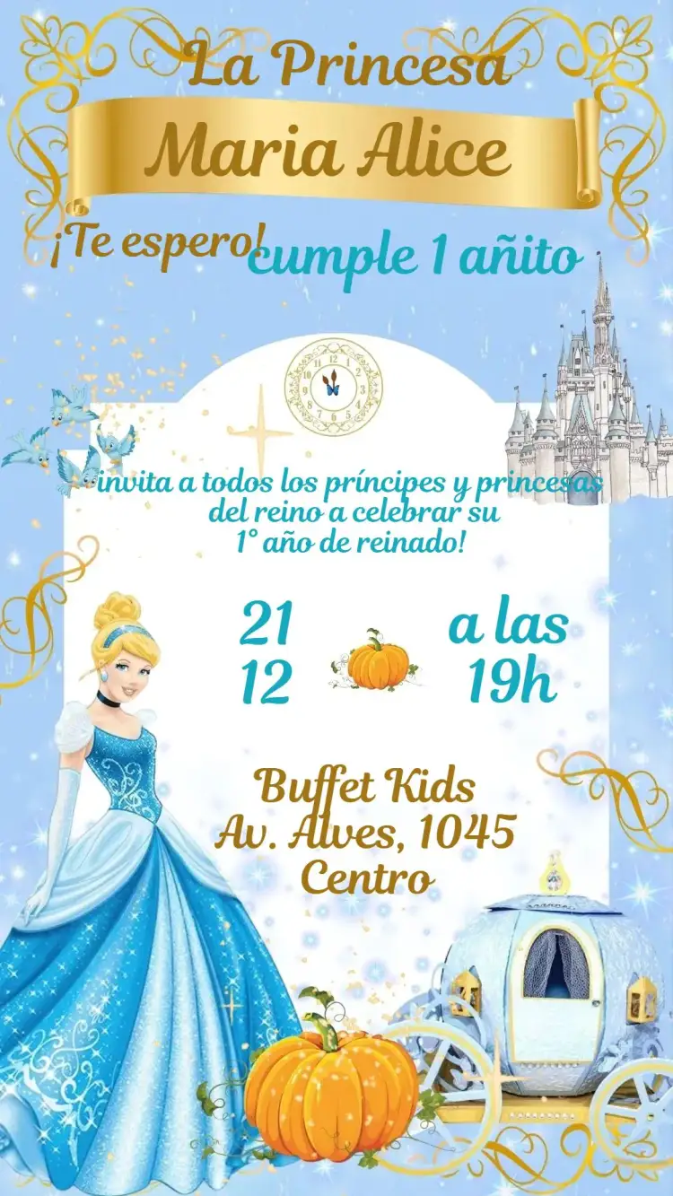 Invitación Cenicienta – tema Cumpleaños Infantil azul claro, rosa, dorado, cuento de hadas, princesa, brillo