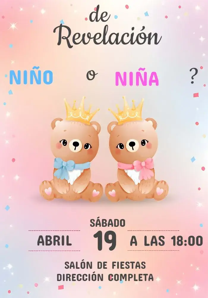 Invitación Chá de Revelación Ositos de la Realeza Rosa