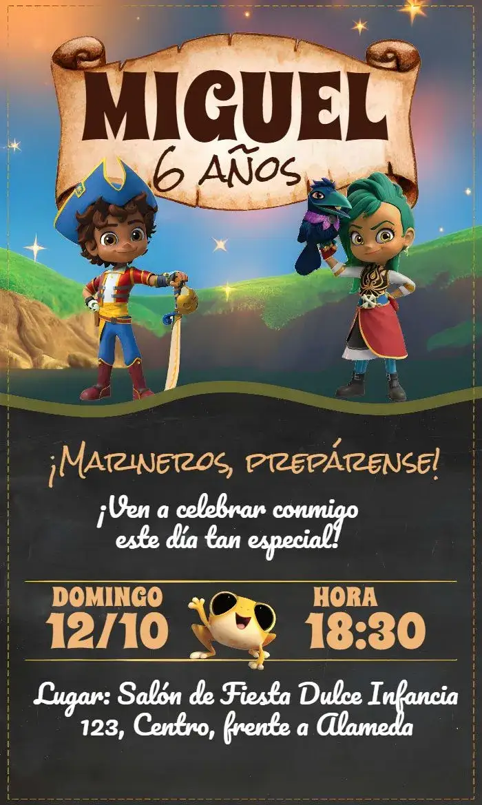 Invitación Santiago Dos Mares Montes – tema Fechas Conmemorativas azul marino, pizarra, infantil, aventura, divertido, colorido