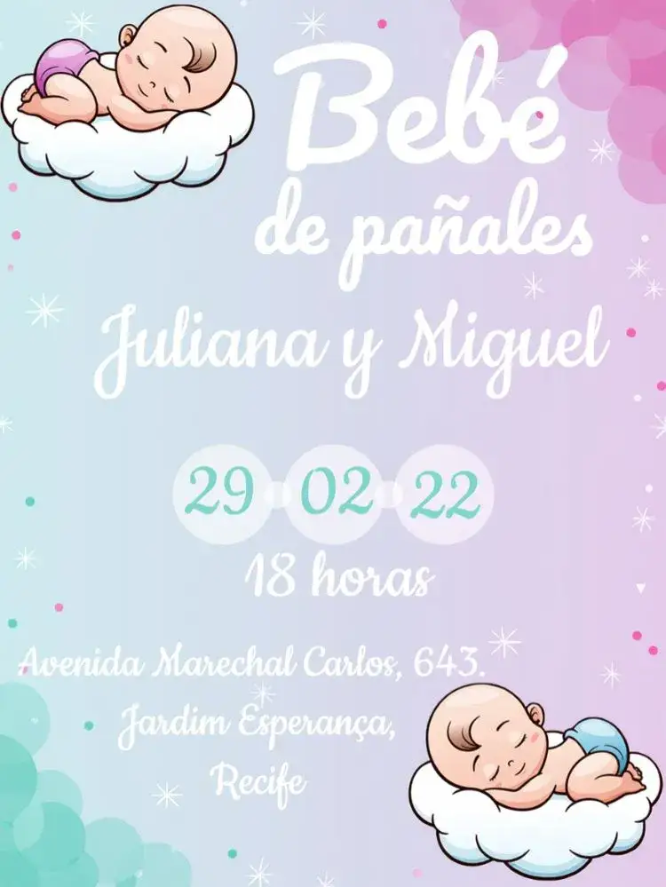 Invitación Baby Shower Gemelos Rosa y Azul Bebés – tema Baby Shower tierno, colorido, lúdico, moderno, infantil, minimalista