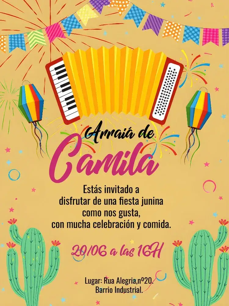 Invitación Arraiá Naranja – tema Fechas Conmemorativas junino, colorido, vibrante, moderno, festivo