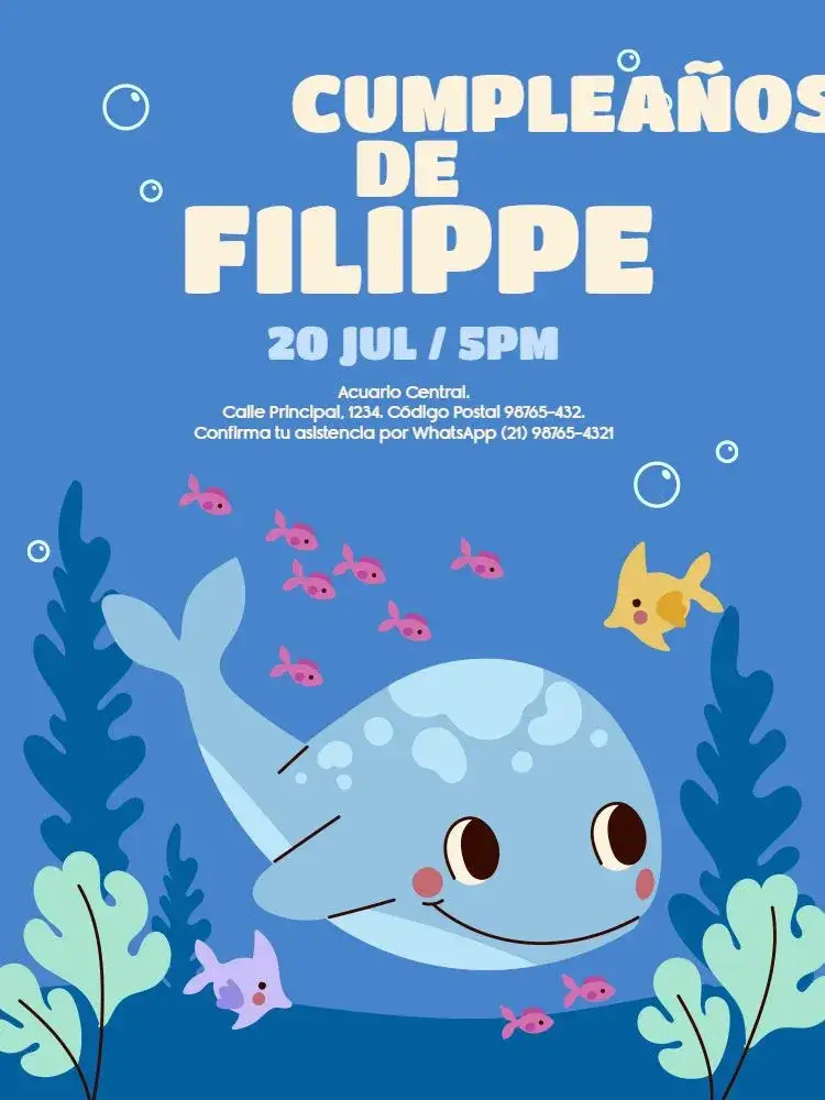 Invitación S De Ballena Pez – tema Cumpleaños Infantil oceánico, lúdico, colorido, fiesta en la playa, marino, divertido