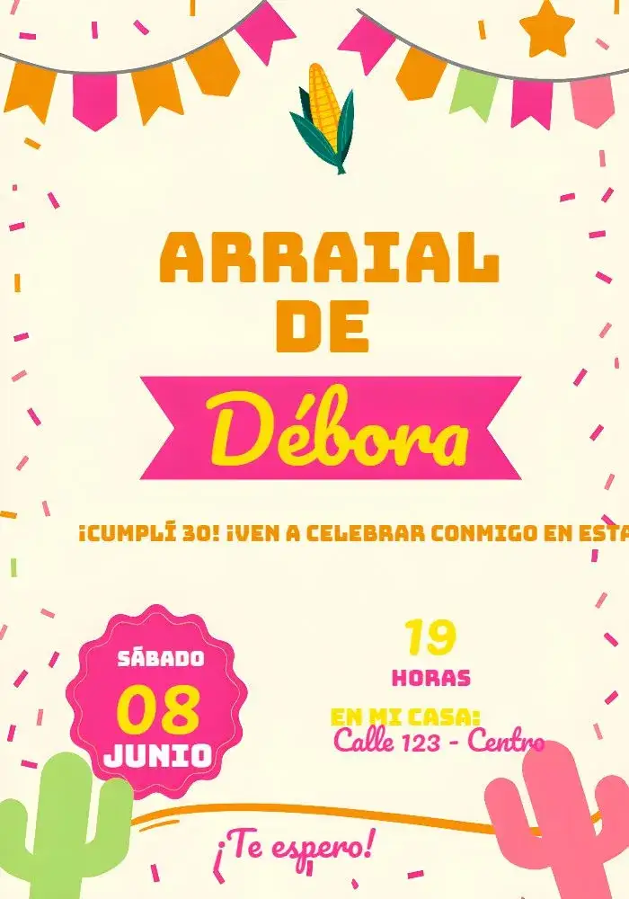 Invitación Arraial Festa Junina Estrelinhas – tema Fechas Conmemorativas colorido, vintage, rústico, festivo, brasileño, tradicional