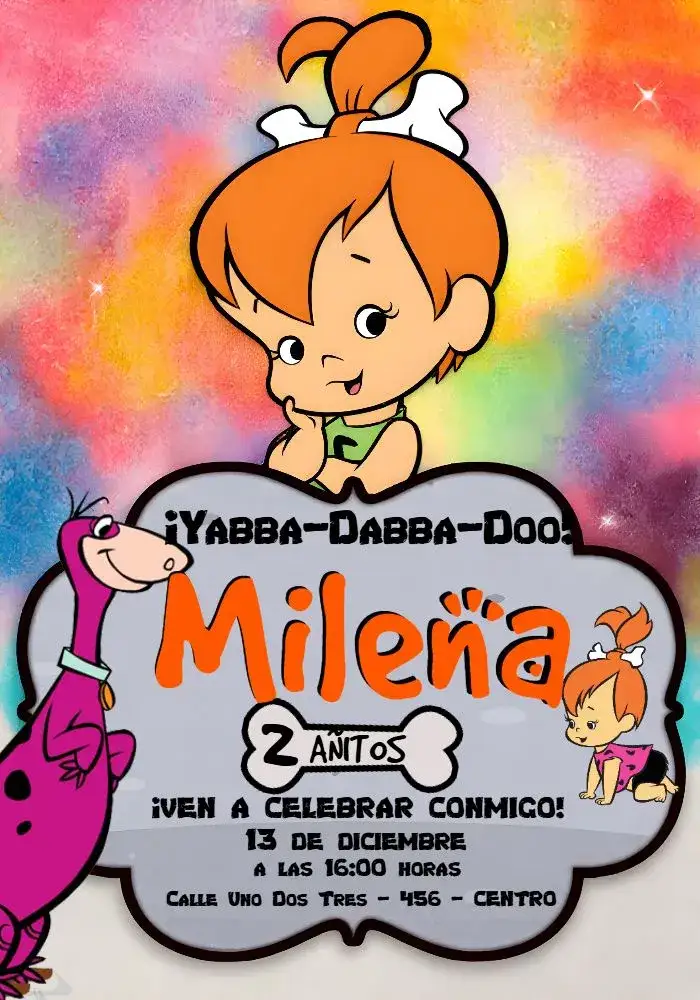 Invitación Pedrita Flinstones – tema Cumpleaños Infantil vintage, colorido, divertido, temático, moderno, pré-histórico