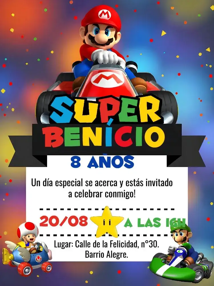 Invitación Super Mário Kart Game – tema Más buscados colorido, temático, vintage, divertido, jogos, moderno