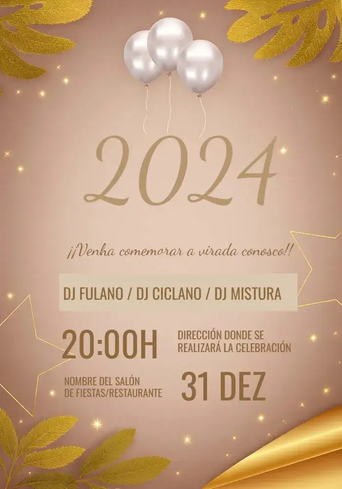 Invitación Celebración Año Nuevo Dorado – tema Fechas Conmemorativas dorado, plata, moderno, festivo, minimalista