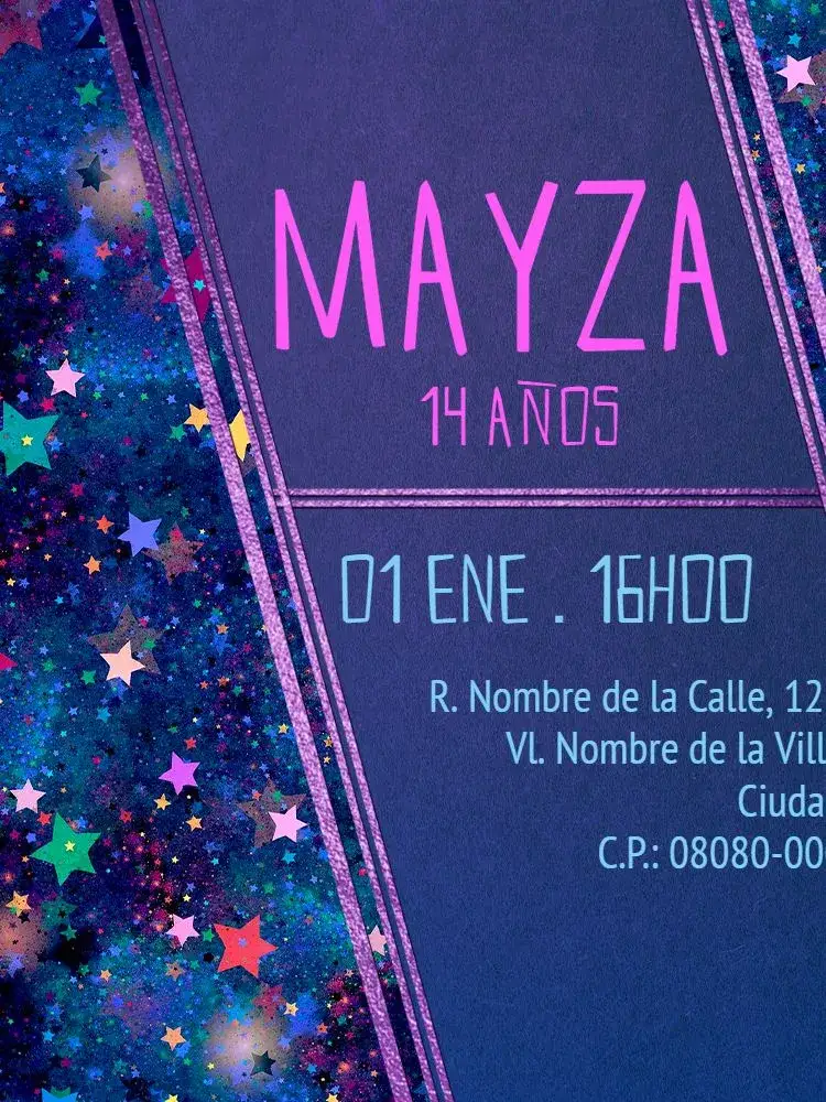 Invitación Virtual Femenino - Estrellas Azul – tema Cumpleaños Infantil azul, lila, brillante, infantil, femenino, temático