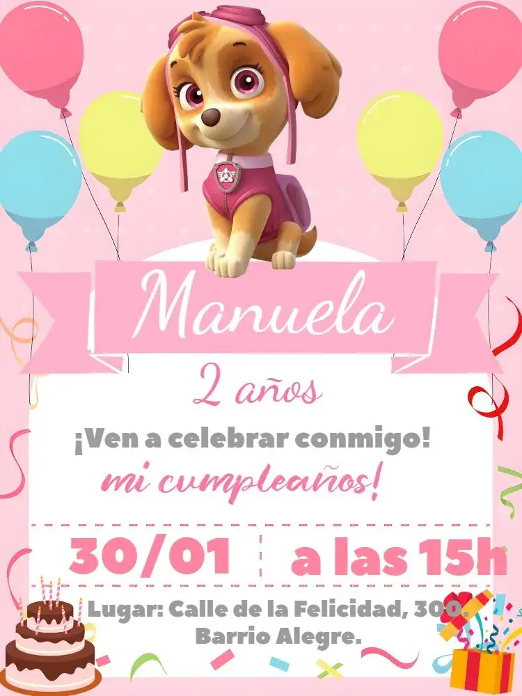 Invitación Skye Patrulla Canina Rosa Chica