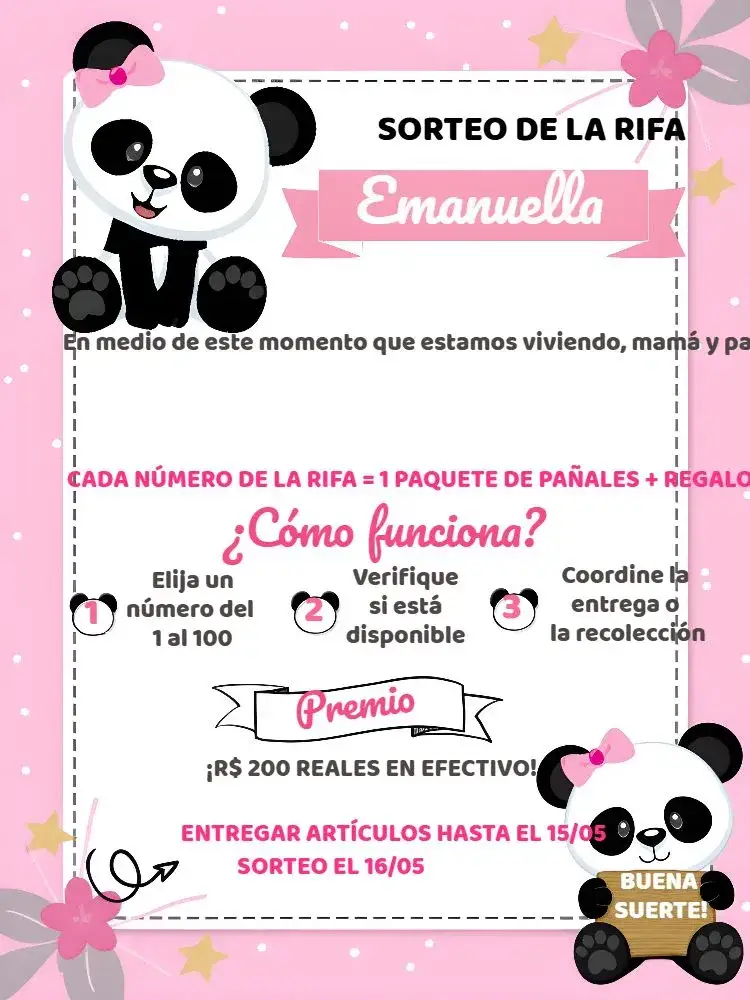Invitación Té Rifa Pandinha Cha – tema Té Rifa lindo, rosa, lunares, blanco, moderno