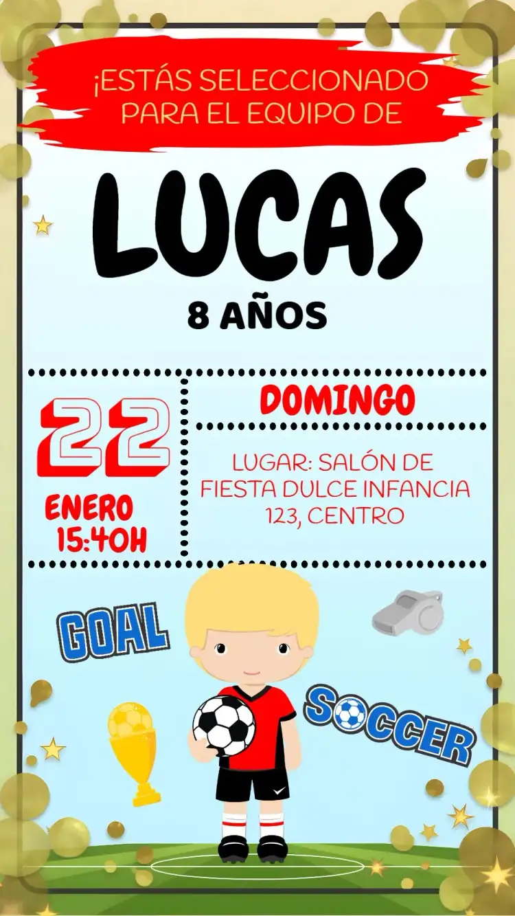 Invitación Equipo de Fútbol Navideño – tema Fechas Conmemorativas rojo, negro, fútbol, temática deportiva, moderno
