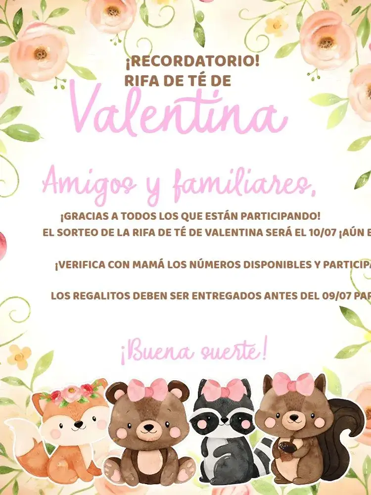 Invitación Té Rifa Bosque Encantado Rosa – tema Té Rifa floral, lúdico, delicado, pastel, natureza, infantil