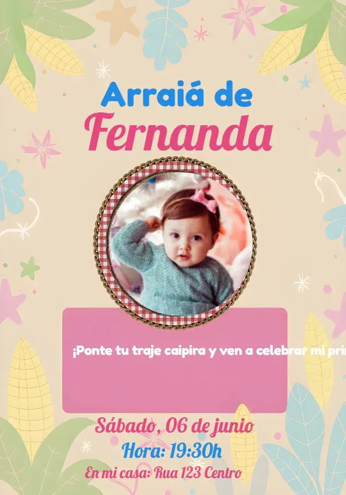 Invitación Arraial Fiesta Junina Con Foto de Maíz – tema Fechas Conmemorativas colorido, tradicional, divertido, rústico, infantil, festivo