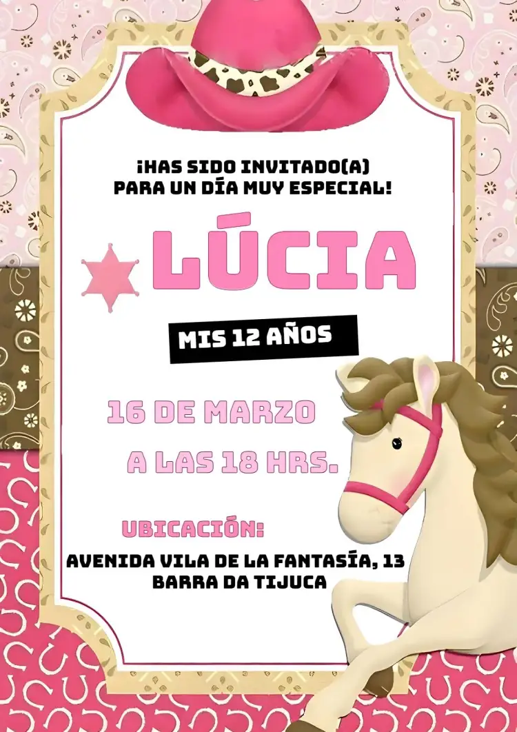 Invitación Ana Castela Rosa – tema Cumpleaños Infantil rosa, fiesta de vaqueros, fiesta vaquera, infantil, divertido