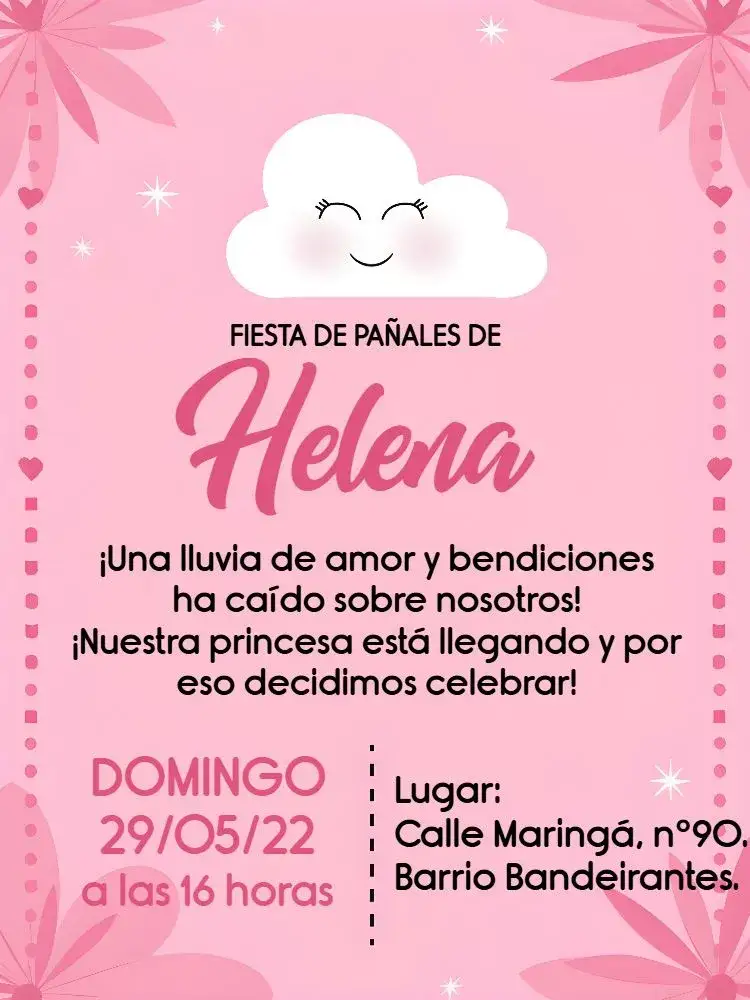 Invitación Baby Shower Rain of Love Pink – tema Despedida de Soltera rosa, blanco, nubes, corazones, amor, delicado