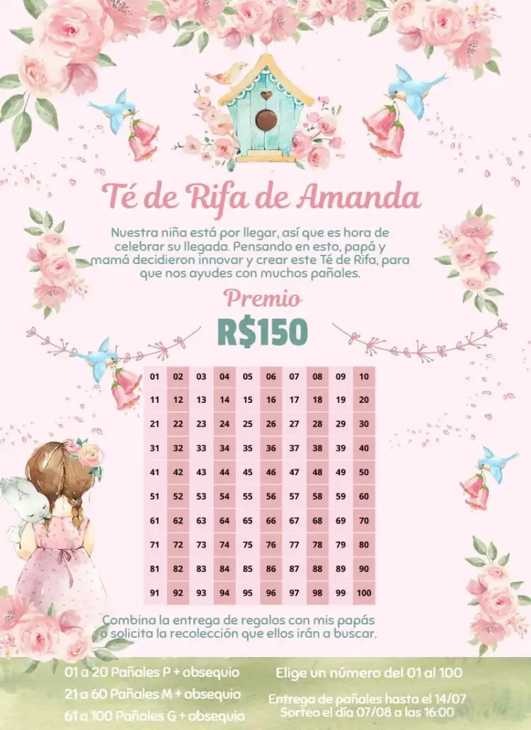 Invitación Jardín Encanto Niña y Conejo – tema Té Rifa floral, lúdico, colorido, naturaleza, suave, infantil