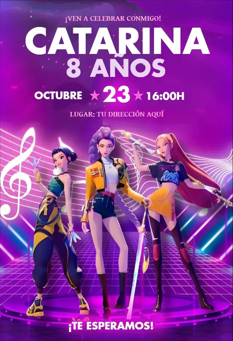 Invitación Guerreras del Kpop – tema Más buscados colores vibrantes, estilo urbano, elementos gráficos del Kpop, moderno, divertido