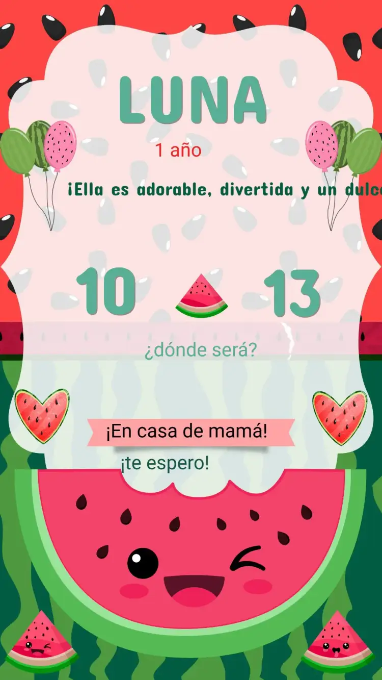 Invitación Invitación Cumpleaños Infantil Sandía – tema Cumpleaños Infantil colorido, frutal, lúdico, divertido, alegre