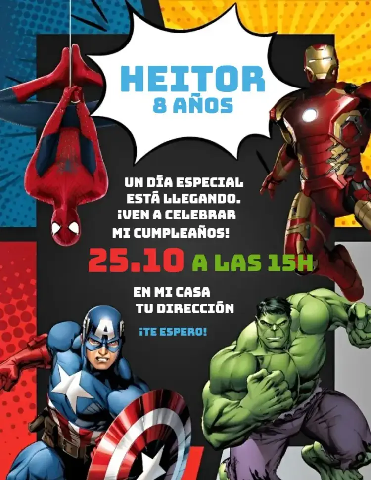 Invitación Vengadores 1 – tema Cumpleaños superhéroes, colorido, moderno, dinámico, aventura, infantil