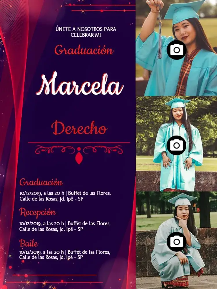 Invitación Graduación en Derecho con Fotos Rojo – tema Graduación rojo, morado, moderno, elegante, fotográfico