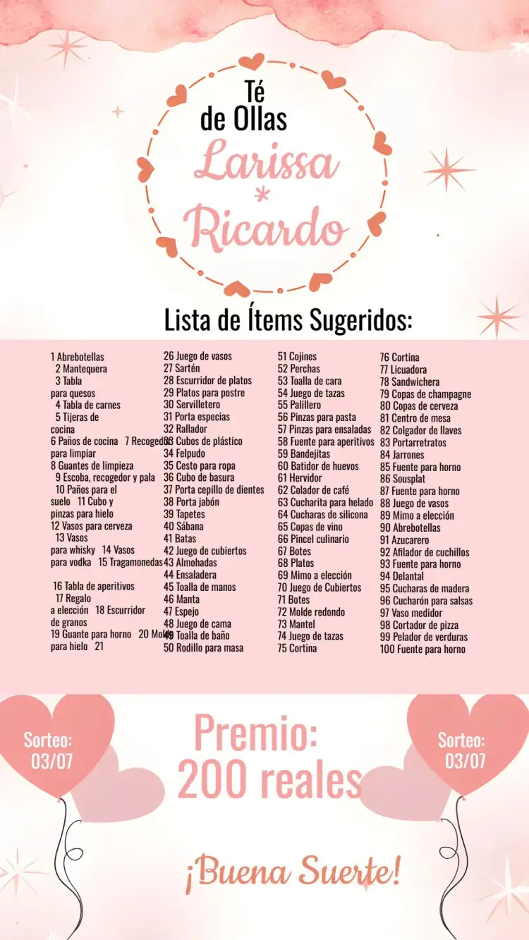 Invitación Té de Cocina Rifa Corazones Salmón – tema Despedida de Soltera salmón, rosa claro, minimalista, delicado, corazones, cocina