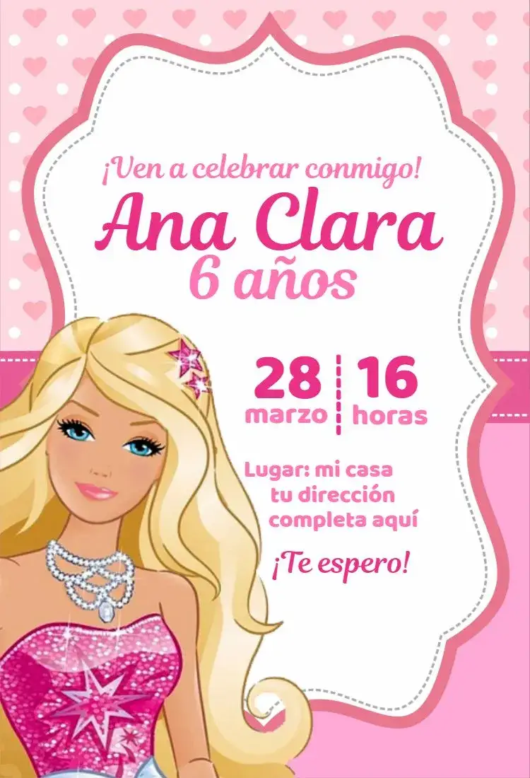 Invitación Barbie Romántica – tema Cumpleaños Infantil romántico, brillo, rosa, corazones, temática Barbie, infantil