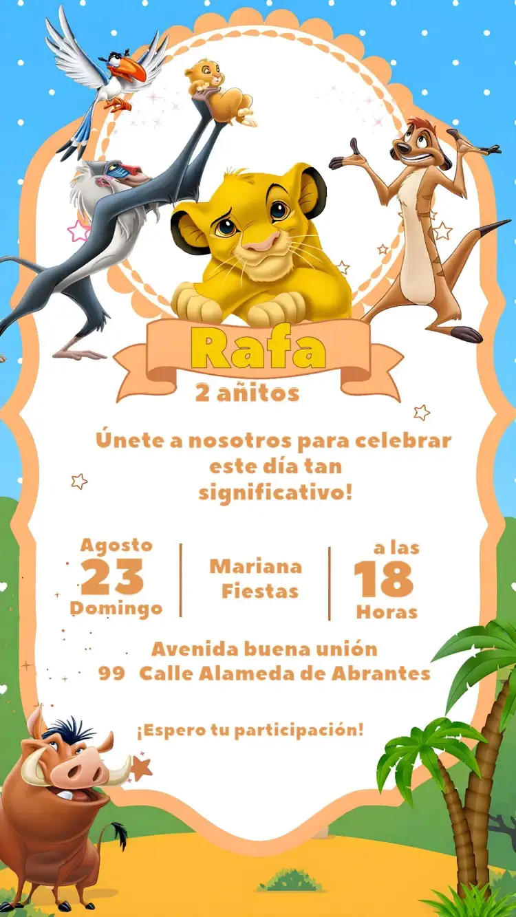 Invitación El Rey León Infantil – tema Cumpleaños Infantil amarillo, divertido, temático, colorido, animales, selva