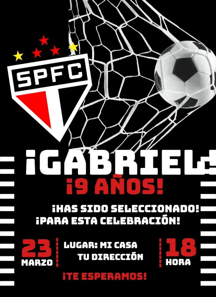Invitación São Paulo 4 – tema Cumpleaños fútbol, moderno, vibrante, colorido, deportivo