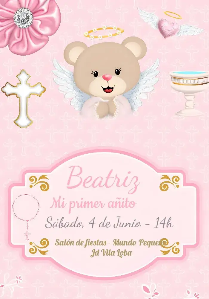 Invitación Oso Princesa 1 – tema Fechas Conmemorativas pastel, femenino, infantil, lúdico, tierno