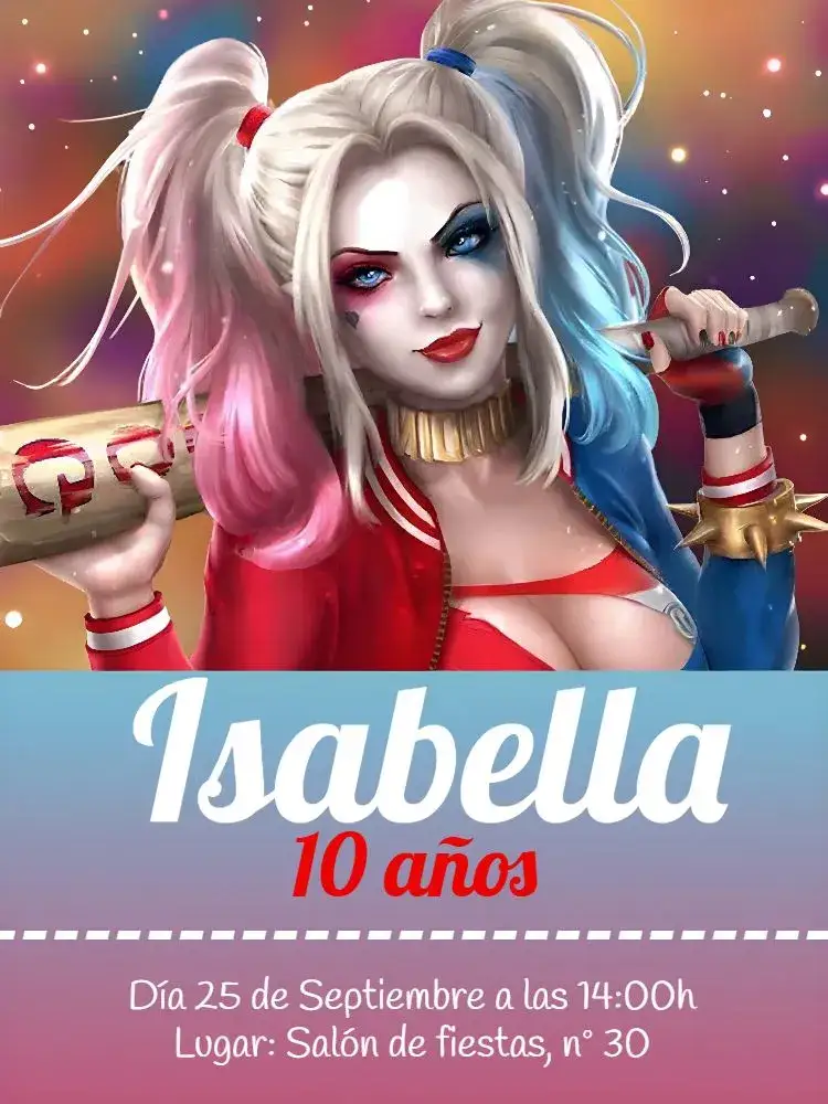 Invitación Arlequina Quinn – tema Cumpleaños Infantil colores vibrantes, estilo moderno, elementos gráficos de Escuadrón Suicida, diseño audaz, temática de superhéroes