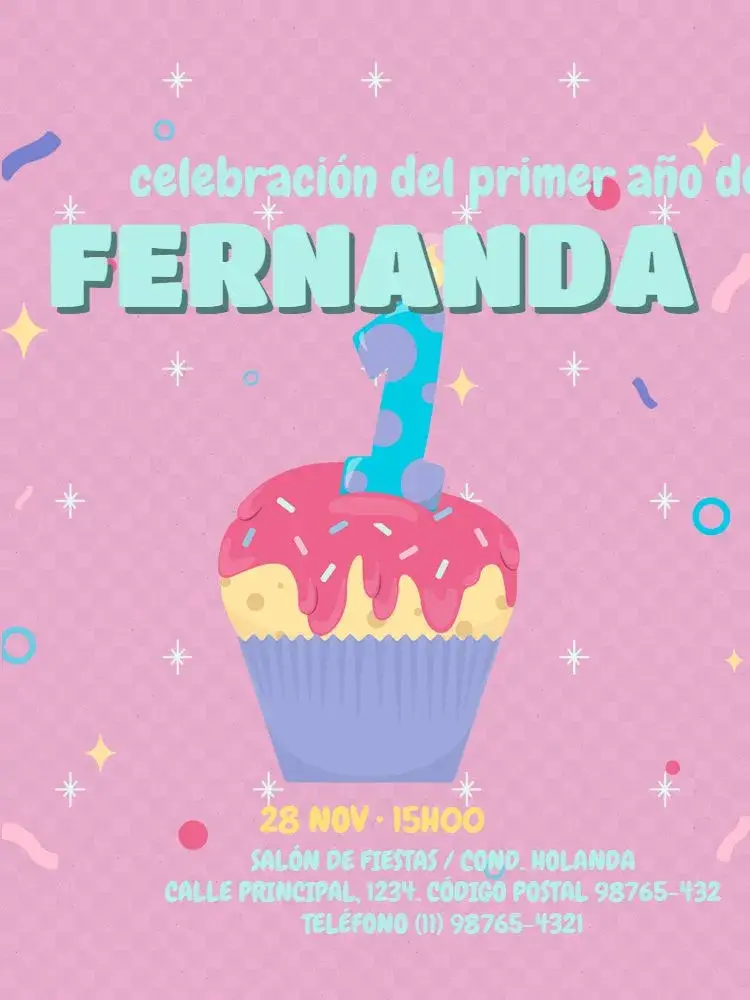 Invitación Primer Año Niña Rosa Vela