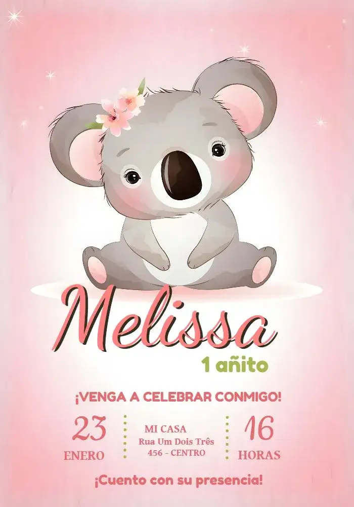 Invitación Koala Femenino – tema Más buscados colorido, divertido, adorable, animales, tropical, moderno