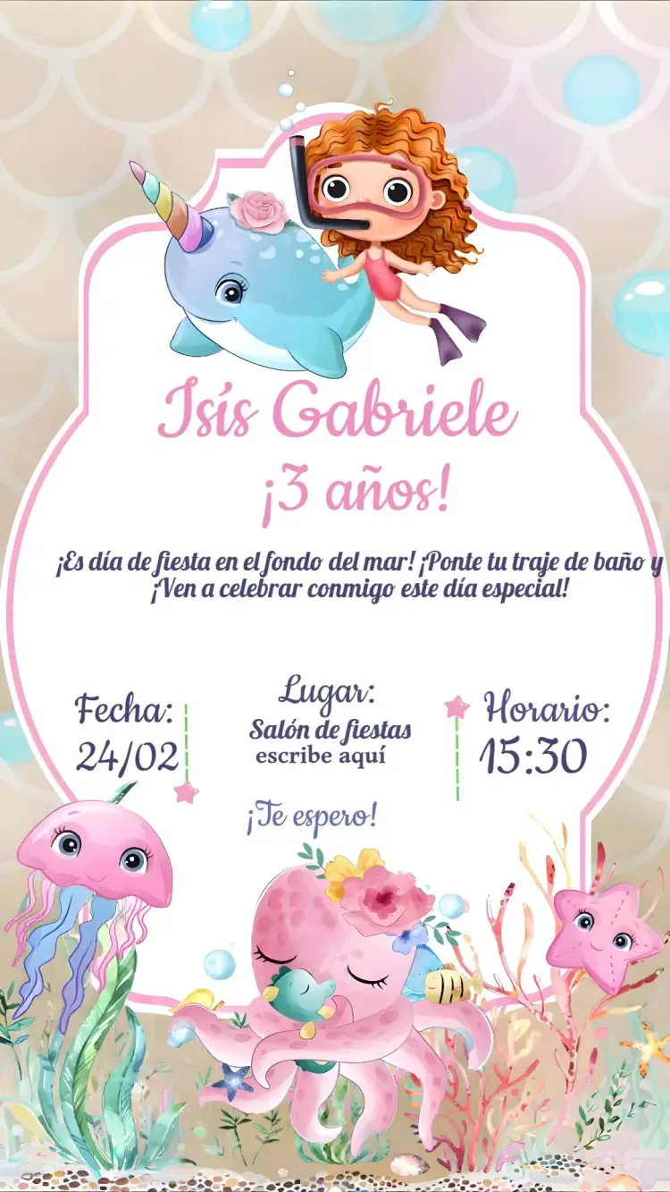 Invitación Fondo Del Mar Sirena – tema Cumpleaños Infantil fondo marino, sirena, colores suaves, estilo lúdico, elementos gráficos marinos, temática mágica