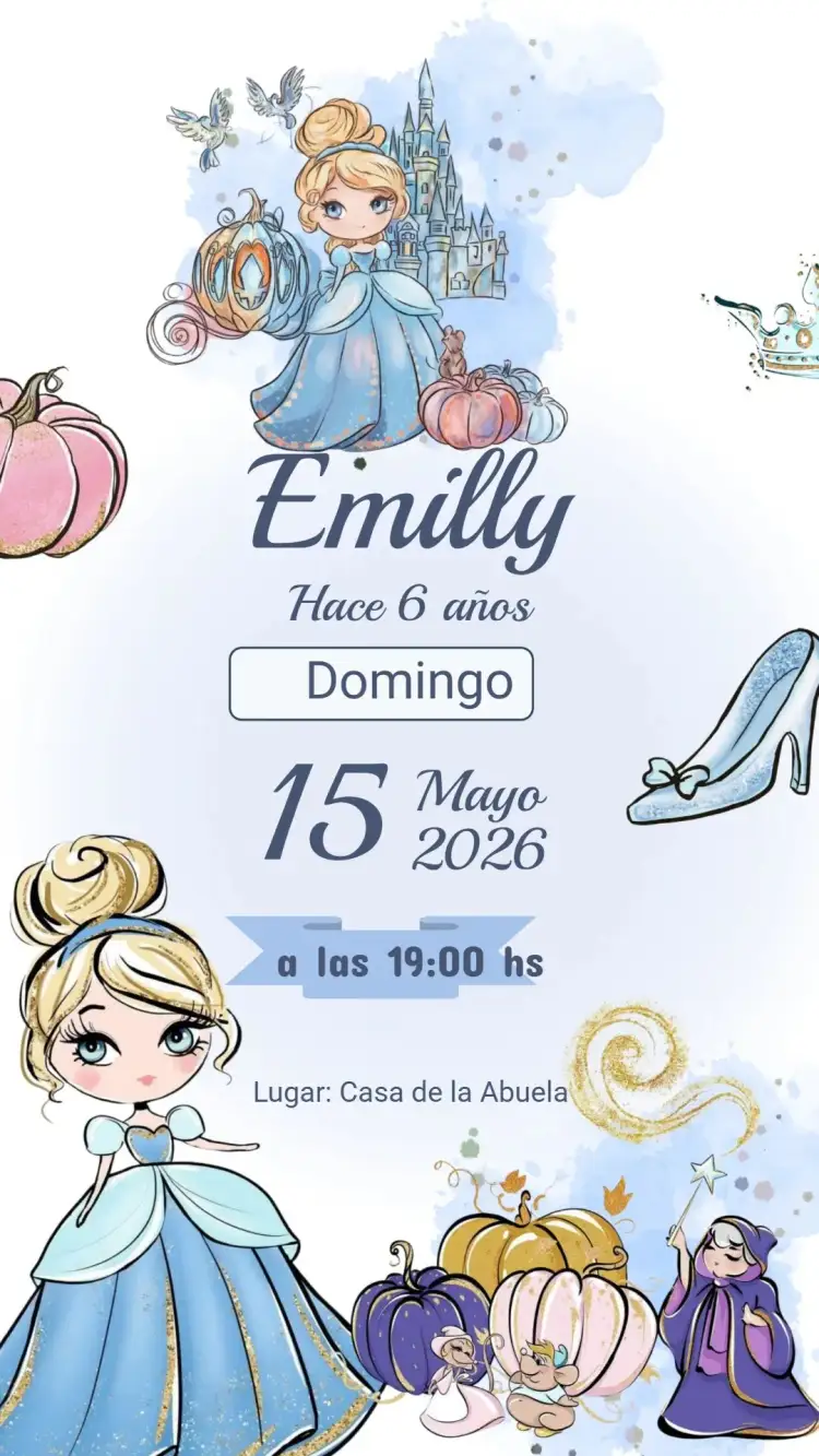 Invitación Invitación Cumpleaños Cenicienta – tema Cumpleaños Infantil mágico, pastel, cuentos de hadas, brillo, princesa, romántico
