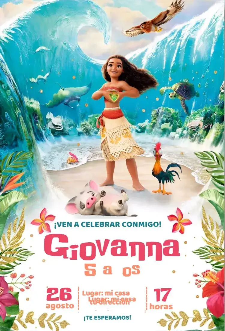 Invitación Moana – tema Cumpleaños Infantil tropical, aventura, colorido, marino, fantasía