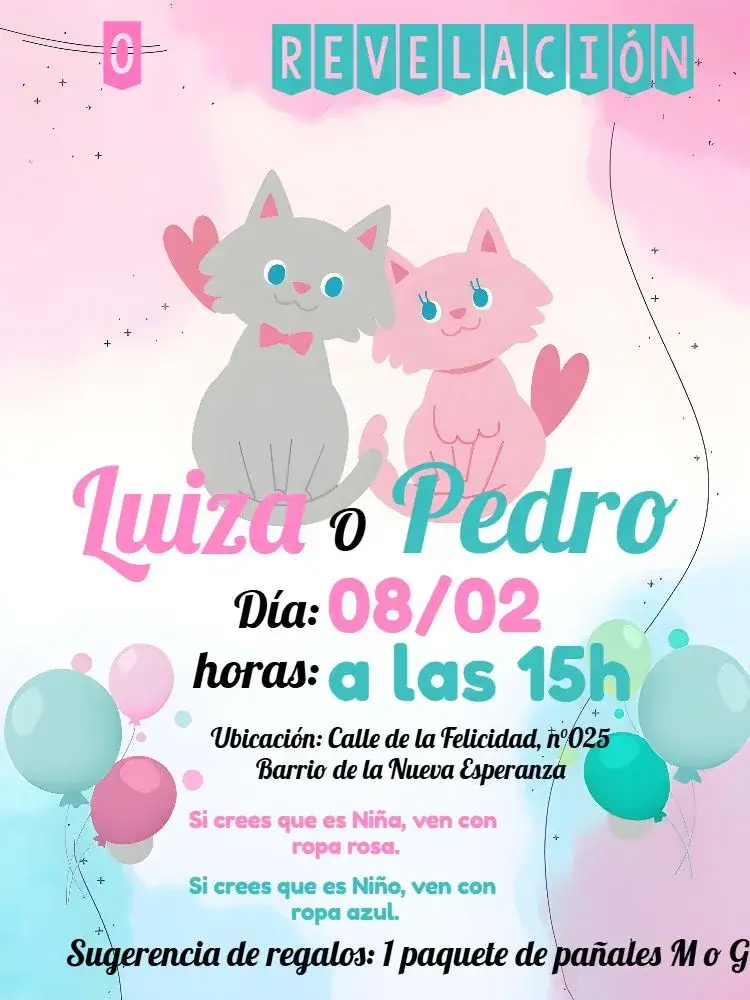 Invitación Fiesta de Revelación de Género Gatitos Niña – tema Revelación Bebé colores pasteles, gatitos adorables, estilo lúdico, detalles en rosa y azul, ilustraciones encantadoras