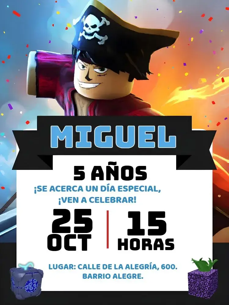 Invitación Blox Fruits Roblox Bloxfruis editable y personalizable