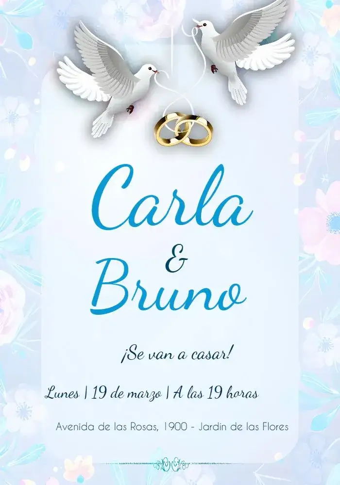 Invitación Boda - Pareja De Palomas Con Alianzas Pájaros – tema Más buscados romántico, minimalista, floral, moderno, elegante