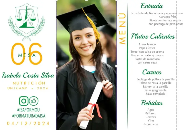 Invitación Menú Triángulo Graduación Nutrición Con Foto Universidad editable y personalizable