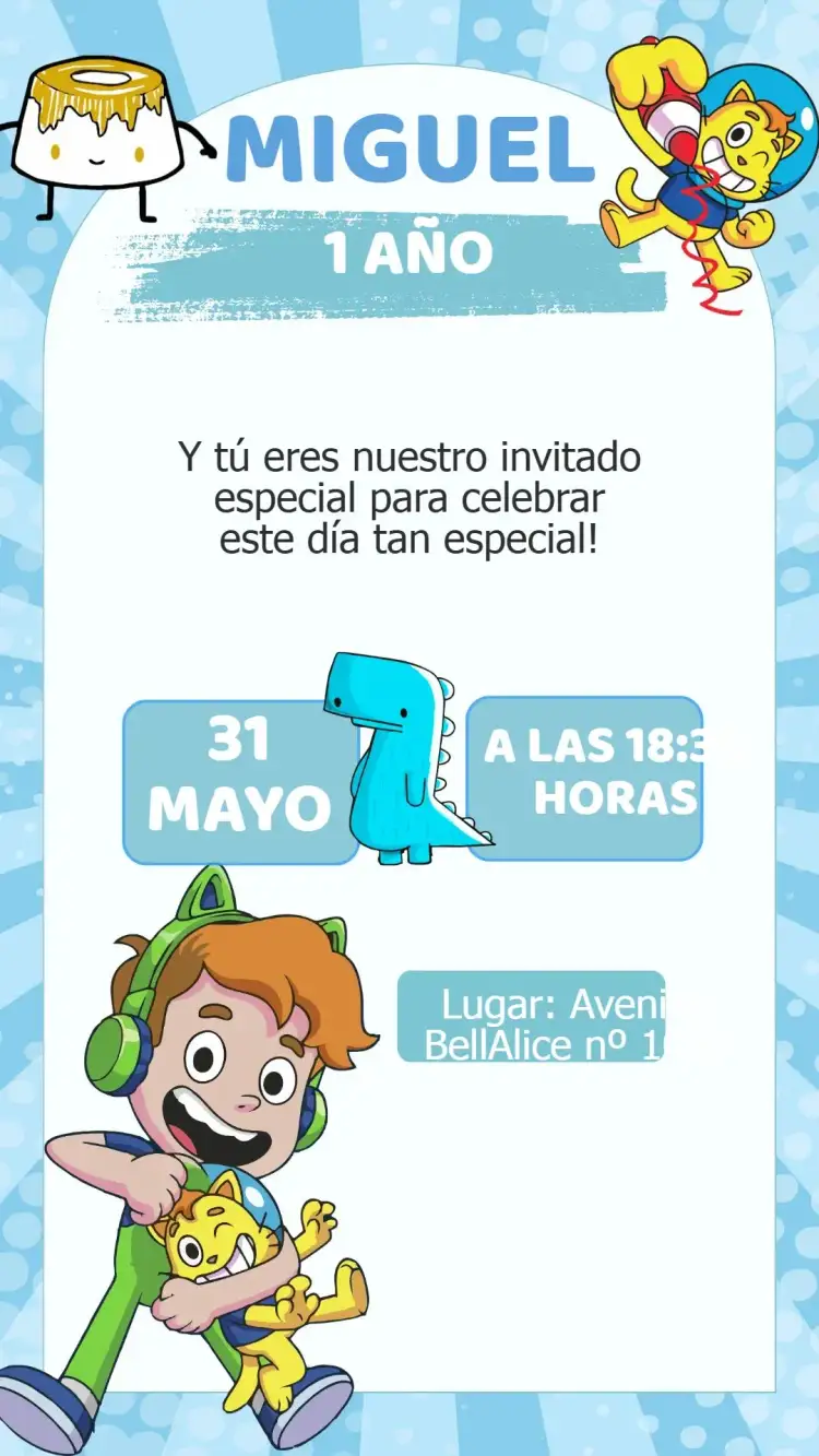 Invitación Invitación Cumpleaños Gato Galáctico – tema Cumpleaños Infantil galáctico, colorido, divertido, infantil, lúdico