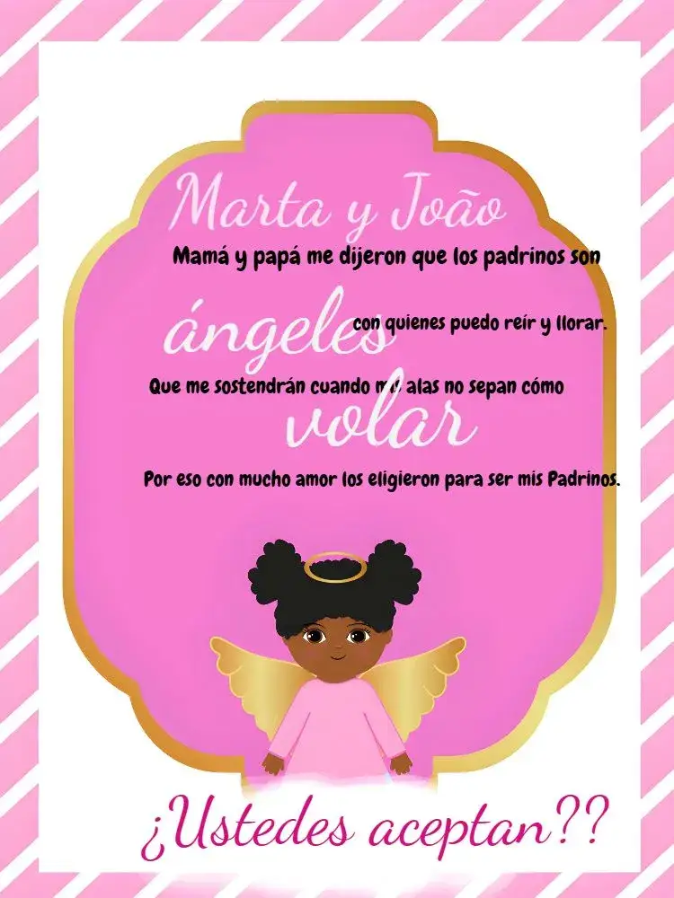 Invitación Para Padrinos Anjita Negra Dorado – tema Bautismo dorado, rosa, blanco, angelitos, nubes, elegante