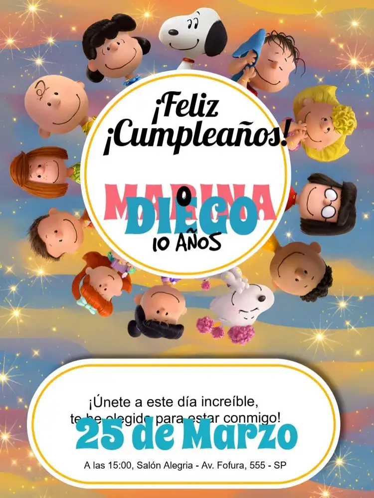 Invitación Snoopy y La Pandilla de Charlie Brown Peanuts – tema Cumpleaños Infantil colorido, divertido, animado, infantil, lúdico