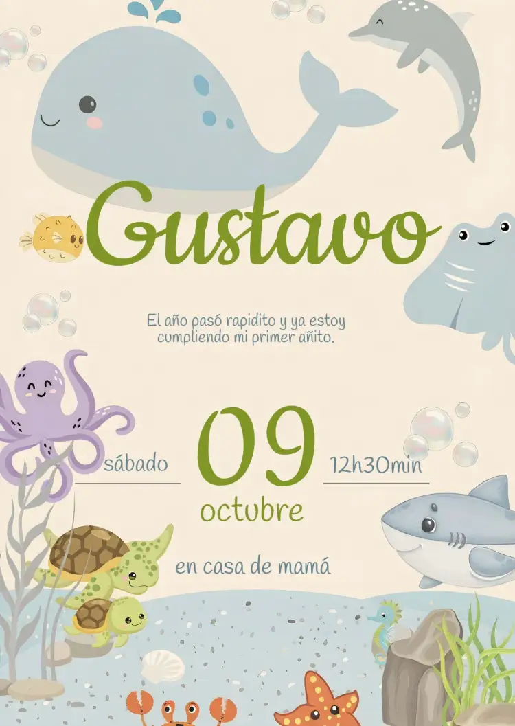 Invitación Fondo Del Mar Azul Acuarela – tema Cumpleaños Infantil acuarela, marino, colorido, divertido, temático, infantil