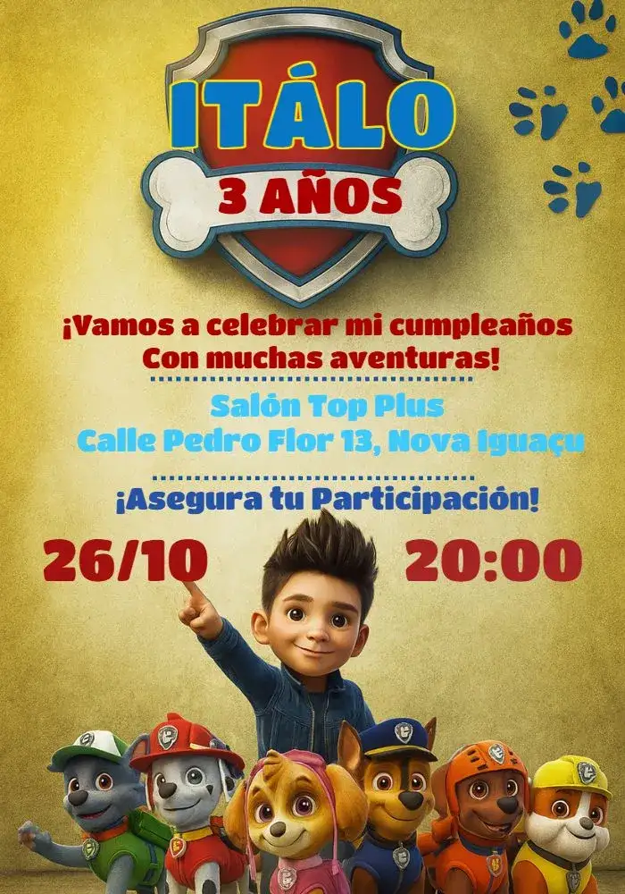 Invitación Patrulla Canina – tema Cumpleaños Infantil colorido, temática de aventura, ilustraciones de personajes, estilo infantil, diseño divertido, escenas de acción