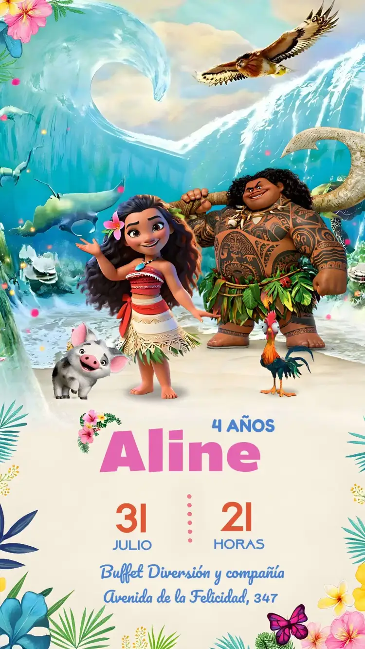 Invitación Moana Disney – tema Más buscados colores vibrantes, elementos marinos, estilo tropical, ilustraciones de Disney, inspirado en aventuras, tema de heroísmo