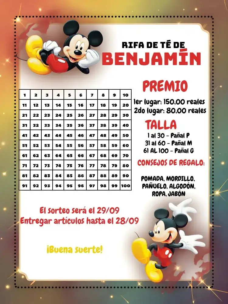 Cartel Cha Rifa Mickey Niño De Pañales Blanco