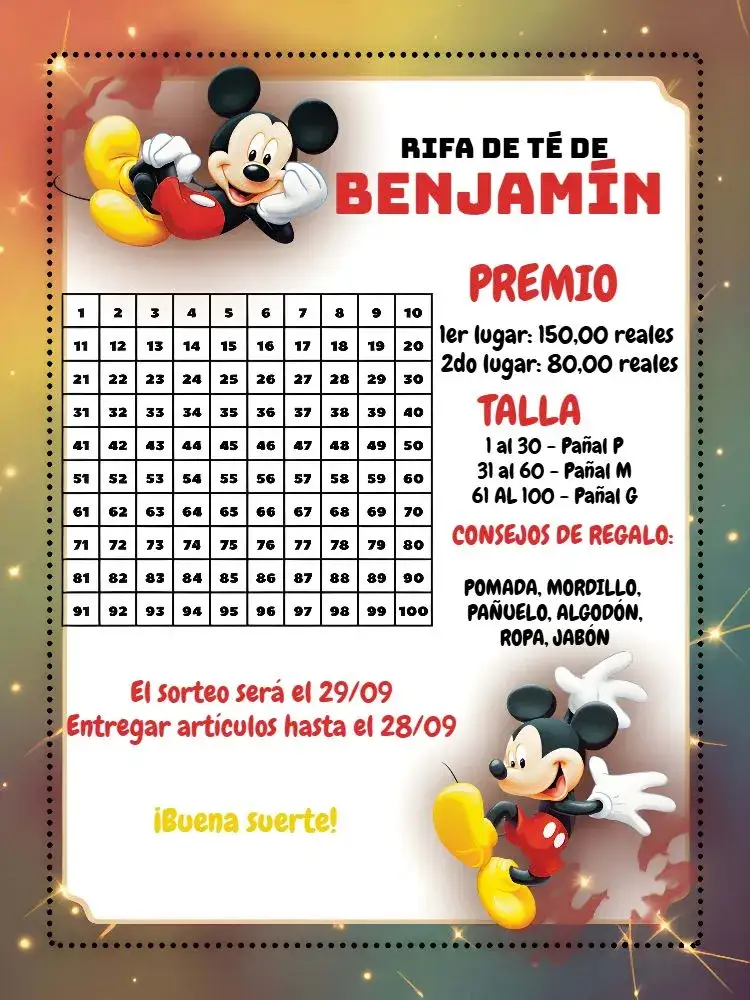 Invitación Cartel Cha Rifa Mickey Niño De Pañales Blanco – tema Té Rifa Mickey Mouse, infantil, blanco y rojo, divertido, moderno