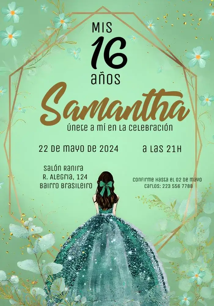 Invitación De 15 Anos Princesa Quinceanera – tema 15 años verde, brillante, princesa, romántico, elegante, festivo