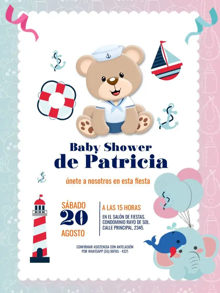 Invitación Oso Marinero Baby Shower Rayas Ancla – tema Té Rifa náutico, infantil, lúdico, azul, listrado, marinho